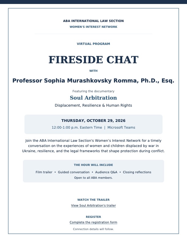 ABA International Law Section Women's Interest Network Fireside Chat flyer featuring Soul Arbitration